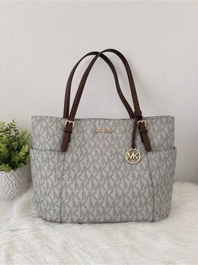 Michael Kors Gray MK Logo Tote with Brown Straps and Gold Hardware